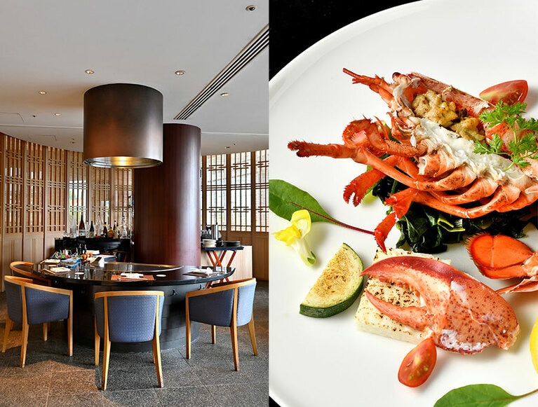 〈写真右〉湖国の堪能できる「鉄板焼 おおみ」のカウンター席。〈写真左〉鉄板焼コース「晩鐘」から、スペシャリテの一皿 “オマール海老鉄板焼”。