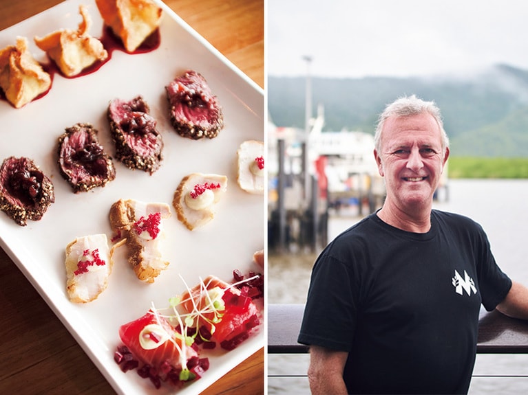 左：、一皿で4種類のブッシュフードを味わえるシグネチャー的な前菜、“オーストラリアン・アンティパスト・テイスティング・プレート”。奥から、エミューの揚げワンタン、カンガルーのワイルドスパイス焼き、ワニの燻製とフィンガーライム マヨネーズソース、サーモンとビーツ。$50（写真は4人分）。右：オーナーのクレイグ・スクワイア氏。「世界中でコラボイベントもしていきたい」と語る。