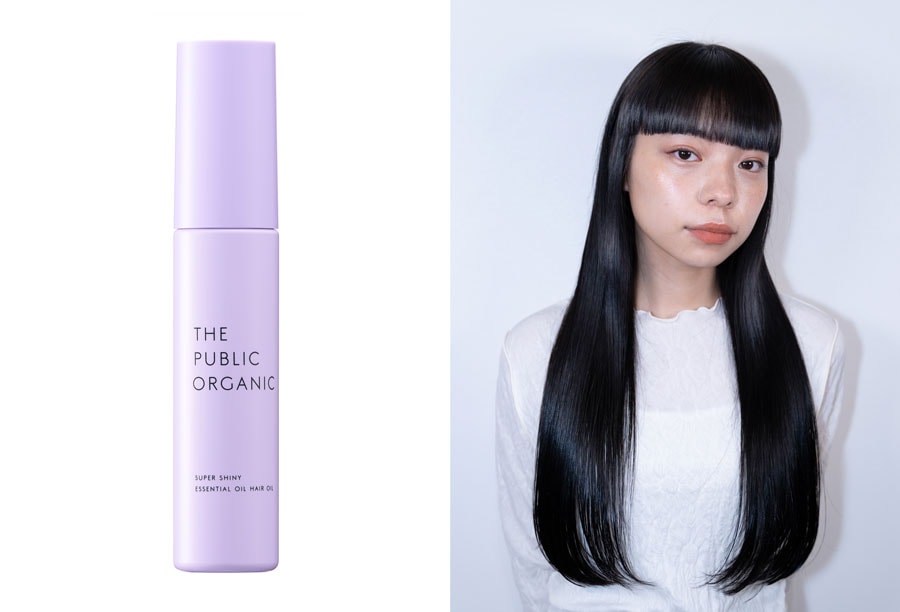 写真左から、ザ パブリック オーガニック スーパーシャイニー シャインモイスト 精油ヘアオイルと使用イメージ。