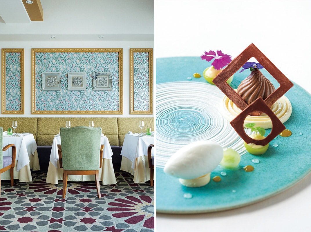 左：ひとり客に人気の最上階のフレンチ「フォーシーズン」。右：鳴門の若き陶芸家の作品を飾った客室があり、そのゲスト限定の器と料理のコラボが楽しめる「Le Art de AWA」コースの一皿。1泊2食付き34,500円～。