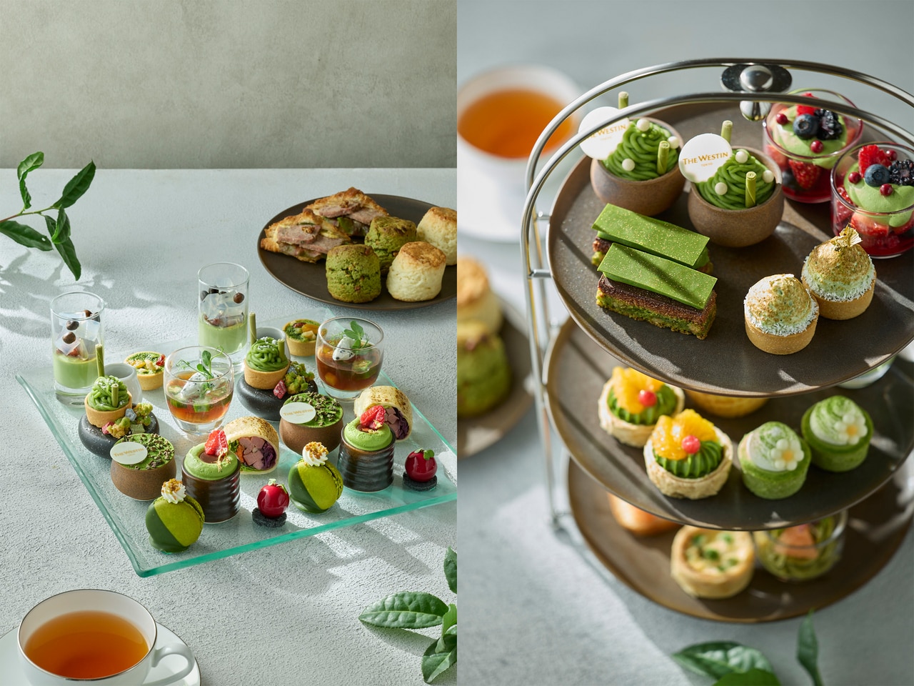 写真左「抹茶 ウィークデイアフタヌーンティー」（平日限定）のイメージ。1名 7,500円。右「抹茶アフタヌーンティー」（土・日・祝日限定）のイメージ。1名 8,900円。ともに税・サ込、要予約。提供期間／2026年5月1日（金）～6月30日（火）まで。