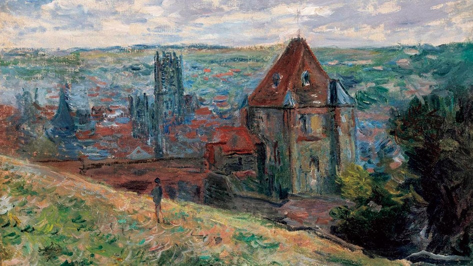 《ディエップの街》1882年（42歳）街の西にある丘から、旧城塞の聖レミ塔を手前に市街を見下ろす。塔の屋根は当時の姿を留めないが、かろうじて壁だけ残っている。