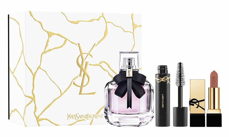 モン パリ オーデパルファムセット 10,450円。セット内容：モン パリ オーデパルファム 50ml、ミニ ラッシュ クラッシュ、ミニ ルージュ ピュールクチュール NM。先行発売：11月8日（水）公式オンライン ブティック、表参道フラッグシップ ブティック限定、発売日：11月17日（金）