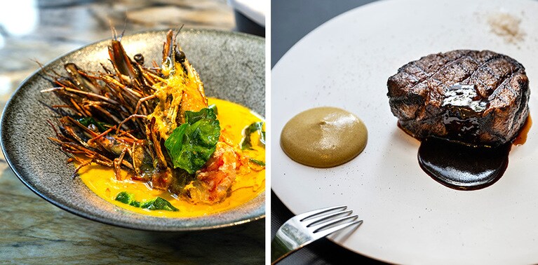 〈左〉「タイガープラウンのグリル イエローココナッツカレーソース・バオ」6,000円（時季により内容に変更あり）
〈右〉「ブラックアンガスビーフテンダーロイン」10,450円