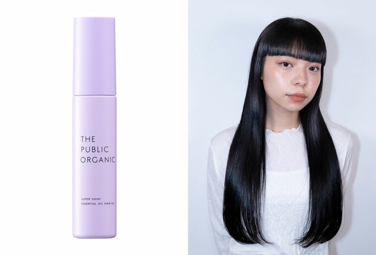 写真左から、ザ パブリック オーガニック スーパーシャイニー シャインモイスト 精油ヘアオイルと使用イメージ。