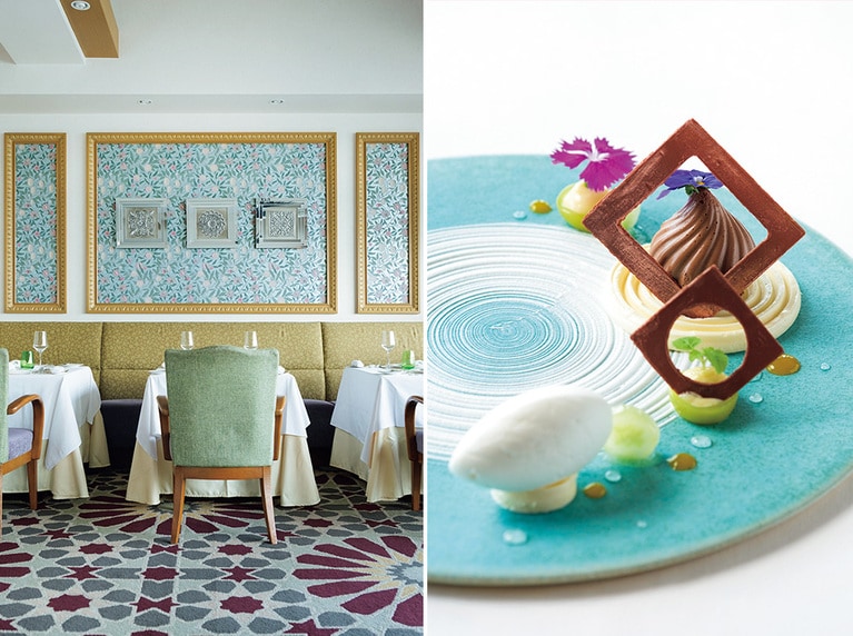 左：ひとり客に人気の最上階のフレンチ「フォーシーズン」。右：鳴門の若き陶芸家の作品を飾った客室があり、そのゲスト限定の器と料理のコラボが楽しめる「Le Art de AWA」コースの一皿。1泊2食付き34,500円～。