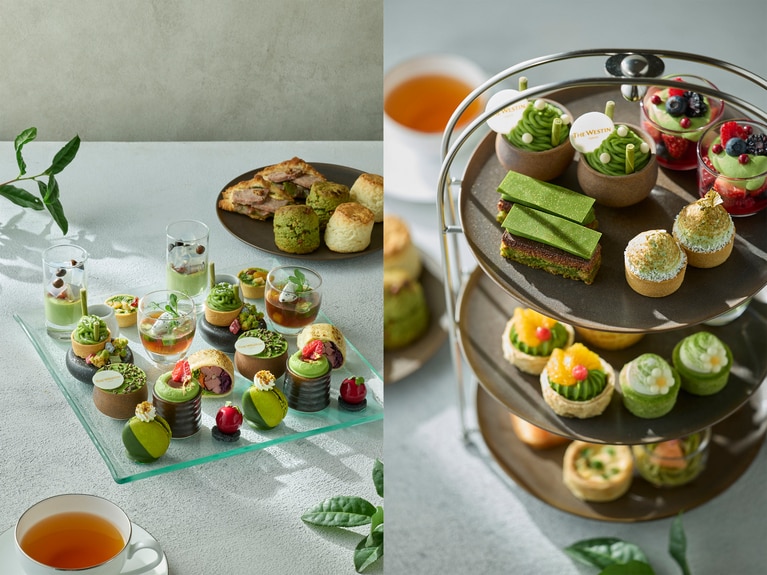 写真左「抹茶 ウィークデイアフタヌーンティー」（平日限定）のイメージ。1名 7,500円。右「抹茶アフタヌーンティー」（土・日・祝日限定）のイメージ。1名 8,900円。ともに税・サ込、要予約。提供期間／2026年5月1日（金）～6月30日（火）まで。