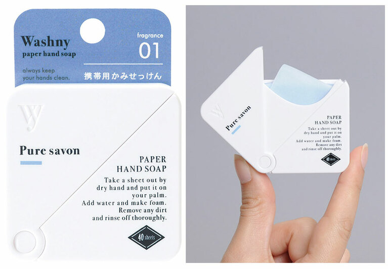 【WASHNY paper handsoap】いつでもどこでもサッと手を洗いやすい紙石けん。1枚は極薄だけど、取り出す際に折れたりへたったりしない点も優秀。ブルーはシンプルな石けんの香り。紙せっけん WASHNY paper handsoap ピュアサボン 40枚入り 400円／ノルコーポレーション