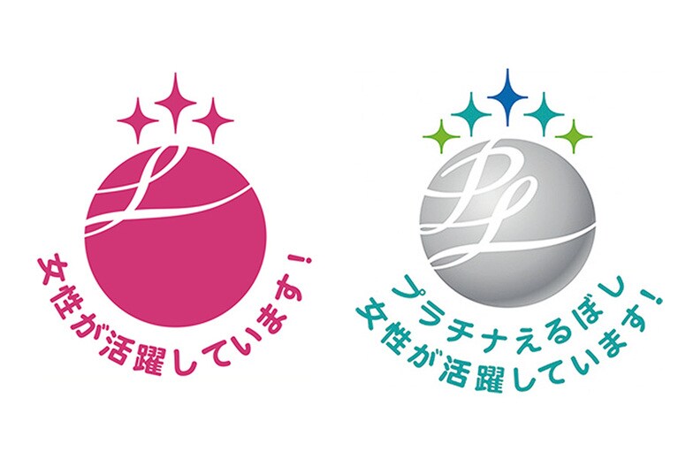 （左）えるぼし（3段階）認定マーク、（右）プラチナえるぼし特例認定認定マーク。
