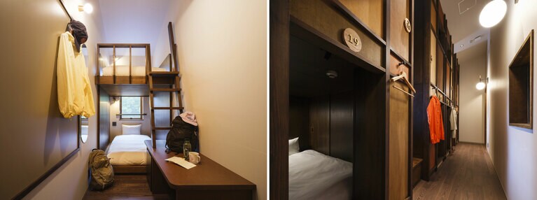 左：「LUCY尾瀬鳩待」のツインルーム。客室は1名利用のドミトリー（写真右）や4名まで泊まれるフォースルームも。