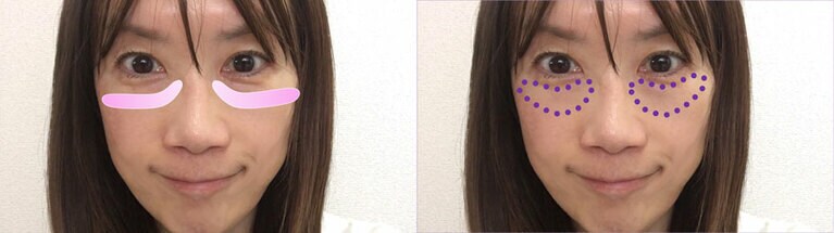 左が影クマカバー、右が色クマカバー。特に、左写真の方法では、目のキワに塗ってないことに注目！