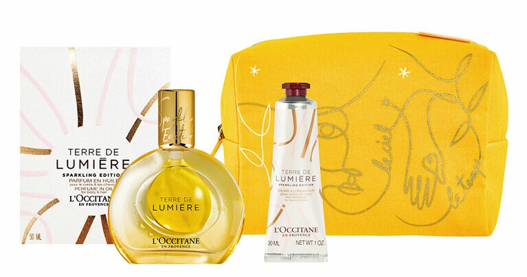 「テール ド ルミエール  ジョイ フレグランスヴェール＆ハンド」 8,400円(限定発売)。セット内容：テール ド ルミエール ジョイ パフュームインオイル 50mL、テール ド ルミエール ジョイ ハンドクリーム 30mL、2020 TDLポーチ。