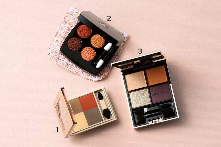 1：ヴィセ ニュアンス マット クリエイター RD-2 全5種 5g 1,320円 (10/16発売) ／コーセー
2：レ キャトル オンブル ツイード 03 全4色 11,880円 (数量限定発売中) ／シャネル
3：ルナソル アイカラーレーション 16 新色2種 6,820円 ／カネボウ化粧品