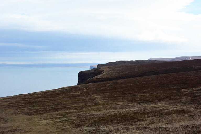 断崖絶壁の向こうに北極海。自然の荒々しいパワーを感じる。