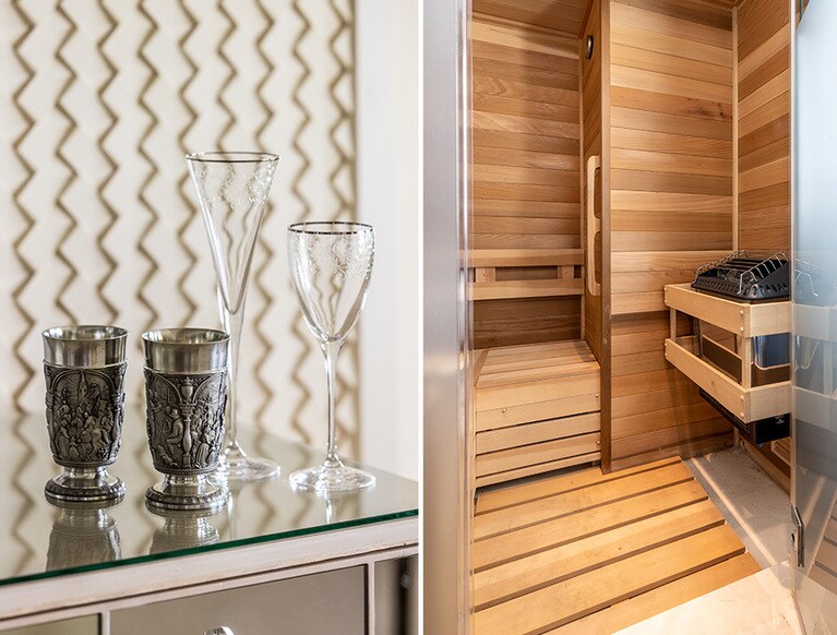 〈左〉客室には、泡立ちが素晴らしいドイツ製ビアグラスを用意するなど、ほかのホテルにはない独自のこだわりが。〈右〉本格的なドライサウナも各客室に。