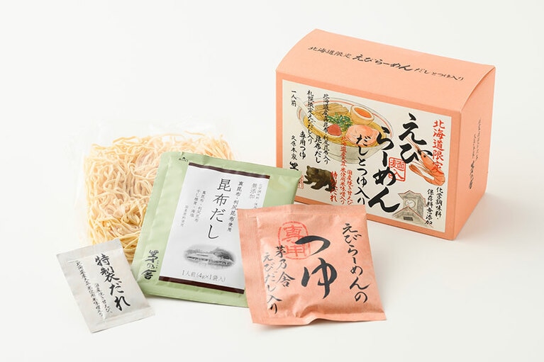 北海道限定 えびらーめん だしとつゆ入り 756円(1食)。