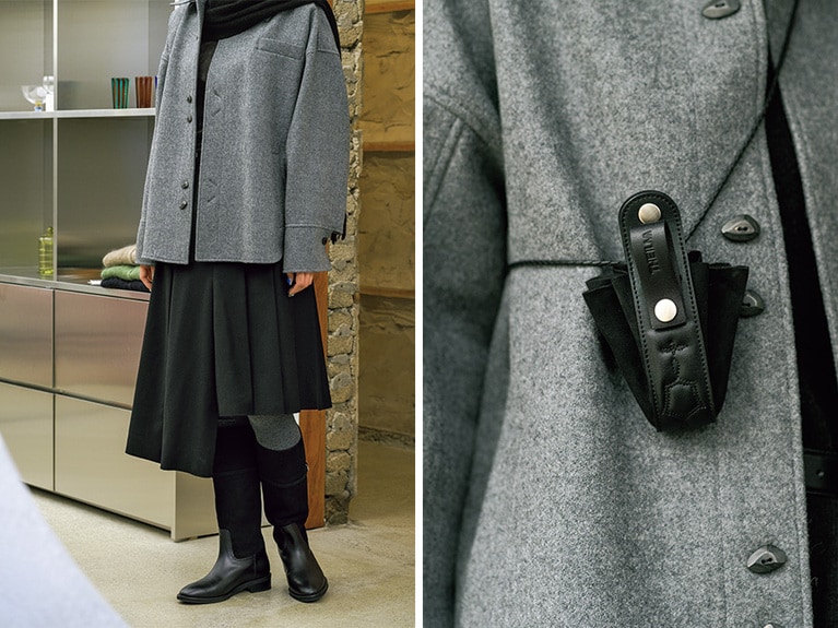 左：アシンメトリーなデザインで、好きな位置で着用できるスカート。W349,000。 
右：韓国の伝統的な巾着である「ポクチュモニ」からインスピレーションを得たベルトバッグはクロスバッグにもなる2WAY仕様。ミニバッグ W98,000。