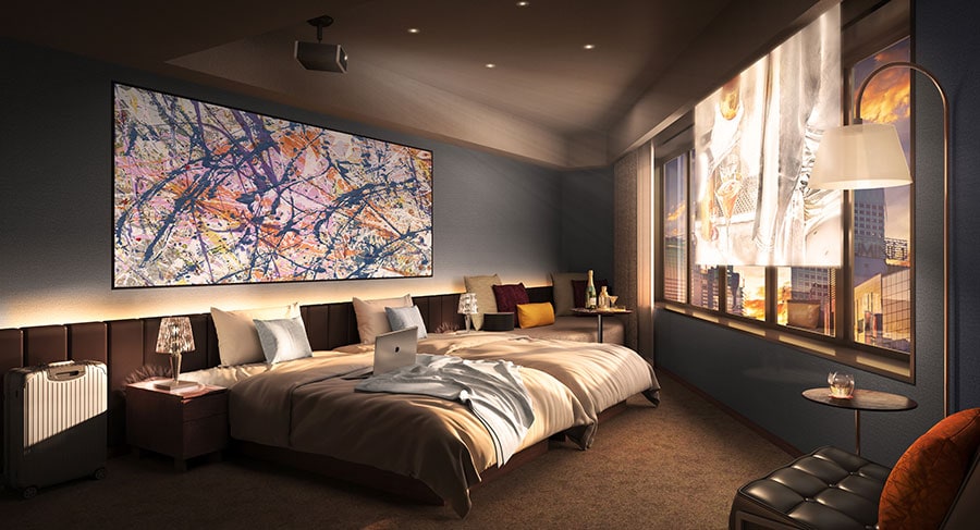 客室の一例。カクテルモチーフのデザインが施された「キャンバス」デラックスツインのイメージ。