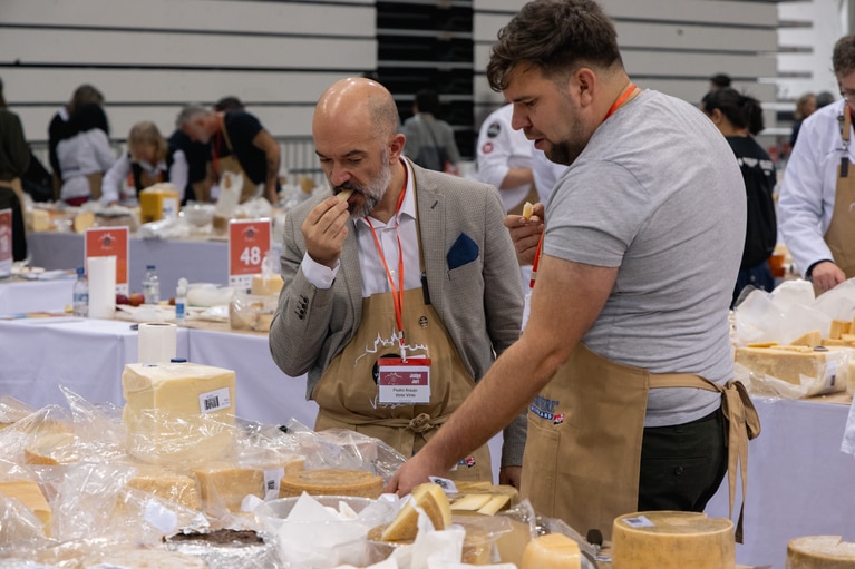 各テーブルには45種類のチーズが並べられ、それぞれ2、3名の審査員が採点。