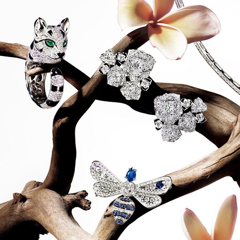左上から「ファジー レオパードキャット」リング（WG×DIA×エメラルド×ブラックラッカー）7,524,000円（予定価格）／ブシュロン（ブシュロン クライアントサービス）、「ピアジェ ローズ」イヤリング（WG×DIA）3,630,000円／ピアジェ（ピアジェ コンタクトセンター）、「アトラップ モワ」コレクション アベイユ ブローチ（WG×DIA×サファイア）3,883,000円／ショーメ
