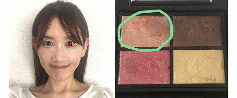 緑部分に明るめアイシャドウ、赤部分にピンクの光沢シャドウ、黄部分にパレット右上の茶色を使ってアイラインを入れました。なお、光沢ピンクはパレット外のものを使用しています。