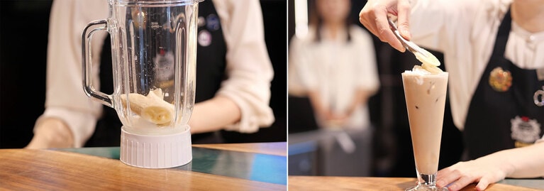 牛乳とバナナをミキサーにかけてコーヒーを注ぎ、ホイップクリーム、チョコソース、ミントを飾れば出来上がり。