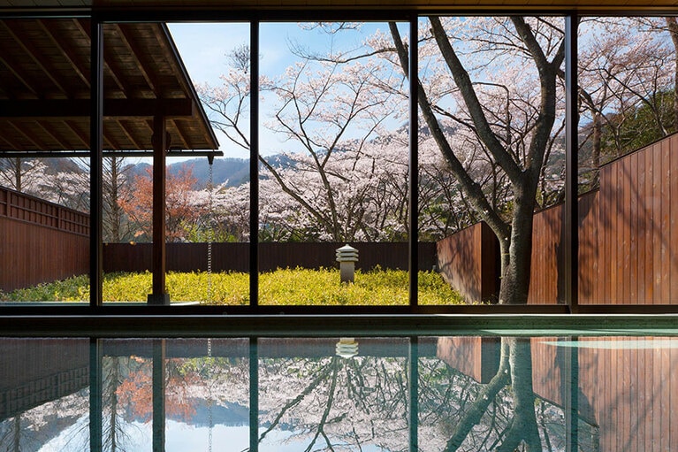 鬼怒川の四季を映す大浴場。春は桜の花見も楽しめる。