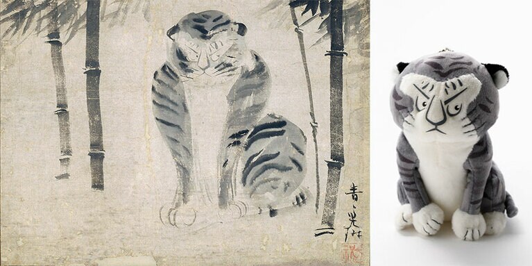 尾形光琳《竹虎図》と、それをモチーフに誕生した京都国立博物館の公式キャラクター、トラりんのぬいぐるみ(小 1,375円・税込) 。※《竹虎図》の展示予定は未定。京都国立博物館ウェブサイトをご確認ください。