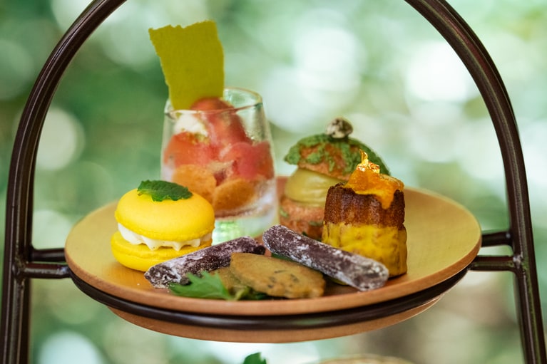 左上から時計回りに、ムースやコンポートの食感が楽しい桃のパフェ、ピスタチオシュークリーム、マンゴーとジャスミン茶のカヌレ、抹茶のチュイールとクランブル、抹茶と大葉のクッキー、小田原産レモンとミントのマカロン。秋の季節限定アフタヌーンティーもお楽しみに。