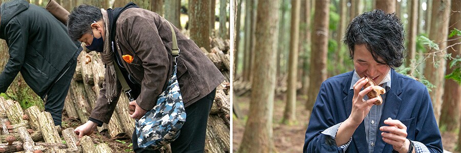 左：椎茸の森で収穫する渡辺シェフ、右：収穫したての原木椎茸の香りを試す東福シェフ。