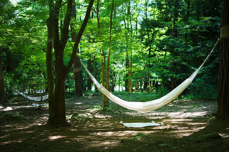 生命力あふれる森の空気に包まれながら、木陰のハンモックでお昼寝を。
