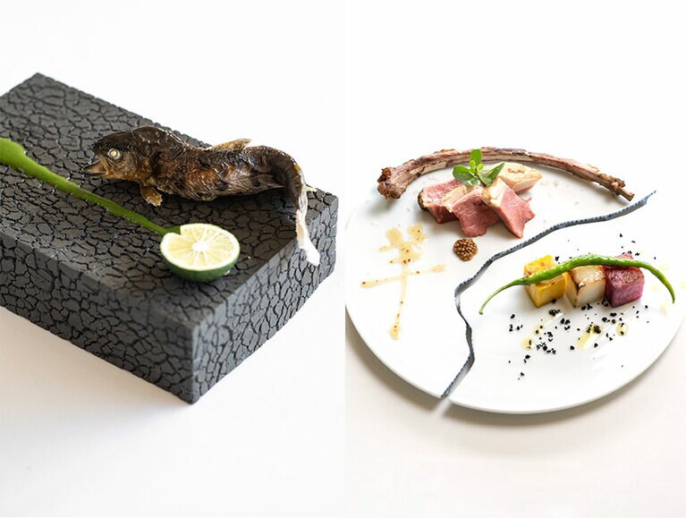 ダイニング「桵 ZUI」の料理の一例。
写真左：滋味がたっぷり詰まった “恵庭産 山女魚”。
写真右：上質なものは極めて希少。その旨みも格別な “道産ラム”。