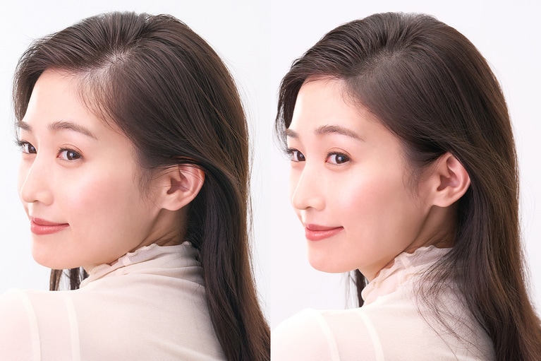 使用イメージ。左が塗る前、右が塗った後。髪の分け目部分も自然にカバー。