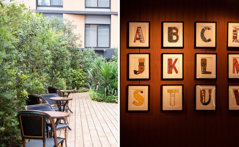 左：緑があふれるガーデンテラス。 
右：館内のアートめぐりもぜひ楽しんで。