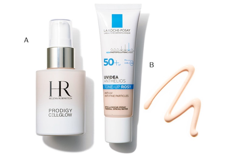 A：みずみずしいテクスチャーが肌に光のヴェールをつくってグロウアップ。プロディジー CELグロウ ローズ UVベース SPF50・PA++++ 30mL 13,500円／ヘレナ ルビンスタイン(2020/4/3発売) B：ツヤと自然な血色感をプラスできる絶妙なピンクベージュ。敏感肌でも使えるUV乳液。UVイデア XL プロテクショントーンアップ ローズ SPF50+・PA++++ 30mL 3,400円／ラ ロッシュ ポゼ