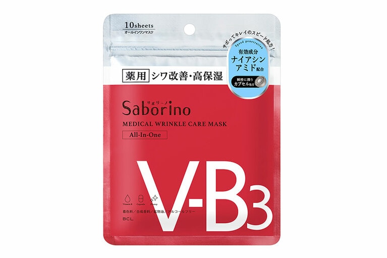 有効成分のナイアシンアミド配合で、シワを改善しながら乾燥も防ぎ、ハリのある肌に。肌あれ対策にビタミンＢ群も配合されていて、忙し過ぎてスキンケアに時間を割けない人にもぴったり。サボリーノ　薬用　ひたっとマスク WR(医薬部外品) 10枚入り(148mL) 770円／BCL