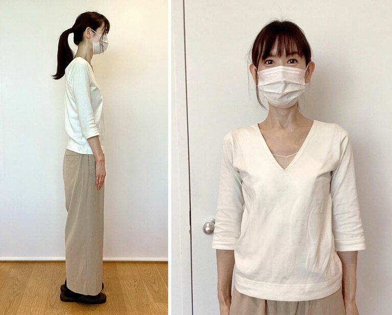 普段の私です。猫背な上、筋肉が少ないので上半身が前に傾きがちで、向かって右肩も上がり気味です。