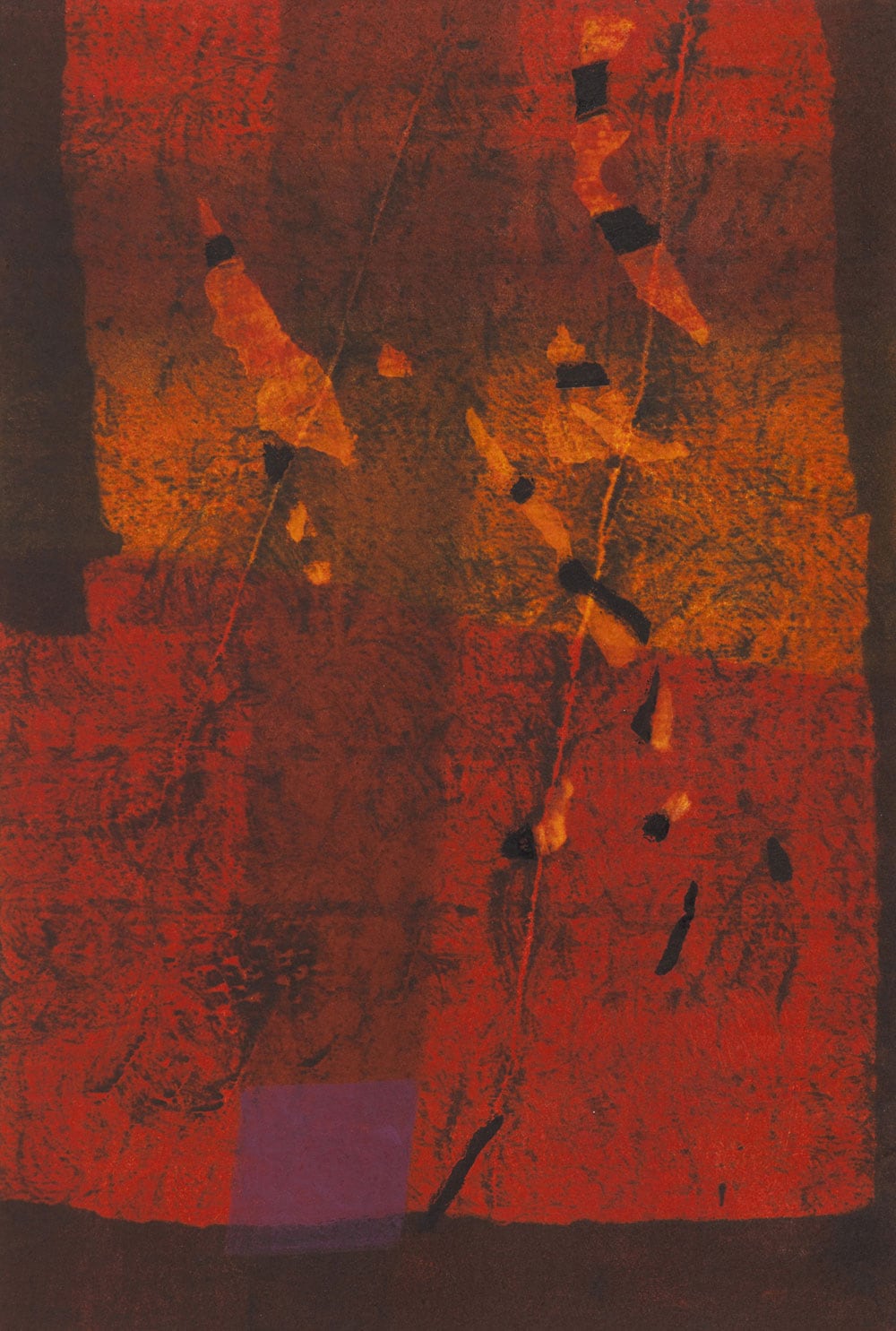 【萩原英雄《石の花(赤)》1960年】独自の技法と深い色彩を特徴とする山梨県出身の美術家による木版画。萩原は2000年に自身の作品と収集品を寄贈。