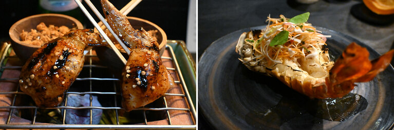 照り焼きチキンの中につくねを詰めた一品（左）。ジューシーなスマトラのエビ。絶妙な火加減！（右）