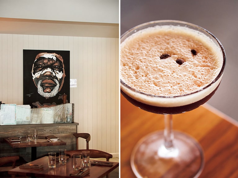 左：店内にはアートが。右：コーヒー豆、コーヒーリキュール、ウオッカと、すべての素材が地元産の“エスプレッソ・マティーニ”$20。