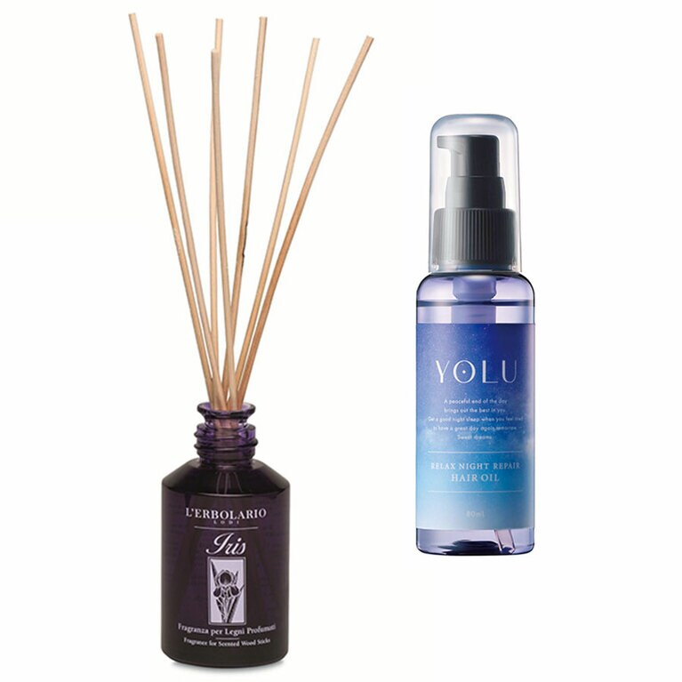 左：イリス ルームディフューザー 125mL  6,380円／レルボラリオ ​
右：YOLU リラックスナイトリペアヘアオイル 80mL 1,540円／I-ne