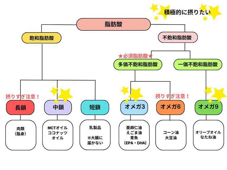 脂肪酸の種類と多く含まれる食品・食用油。（表は編集部作成）
