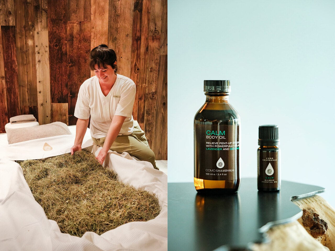 左：「コモ・シャンバラ・シグネチャー・リトゥアル」（100分230€）の施術では、南チロル特有の“干し草風呂”も体験できる。 右：スパオリジナルのホリスティックケアのためのオイルも販売。