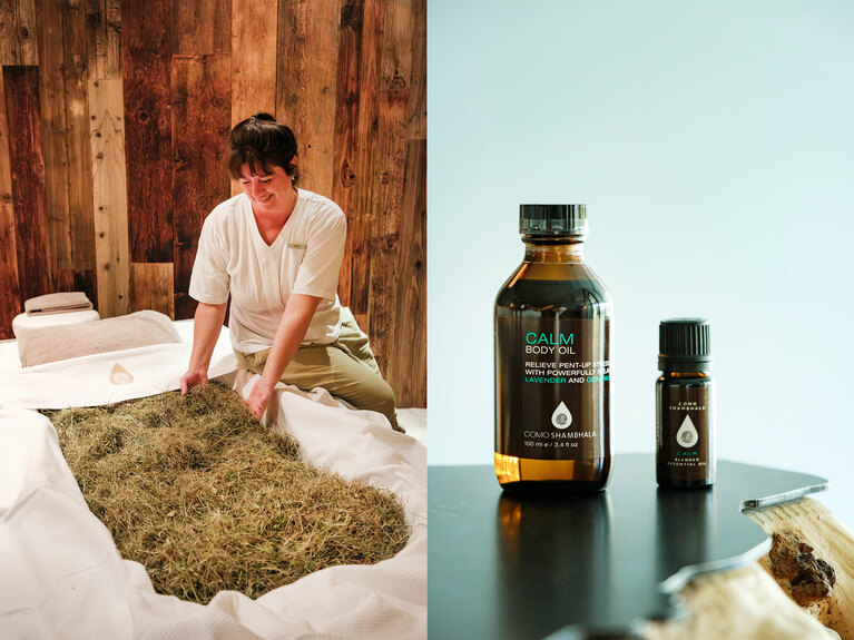 左：「コモ・シャンバラ・シグネチャー・リトゥアル」（100分230€）の施術では、南チロル特有の“干し草風呂”も体験できる。 右：スパオリジナルのホリスティックケアのためのオイルも販売。