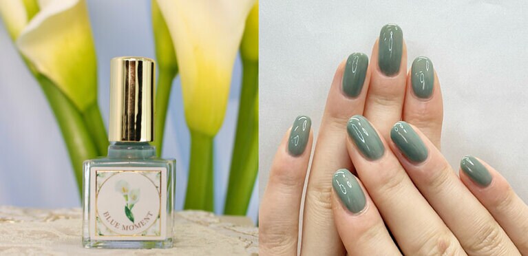 美しいツヤのおかげで清潔感の高いグリーン、“きよらかな変化”。見えないくらいの細かいゴールドパール入り。イメージフラワーはカラー。