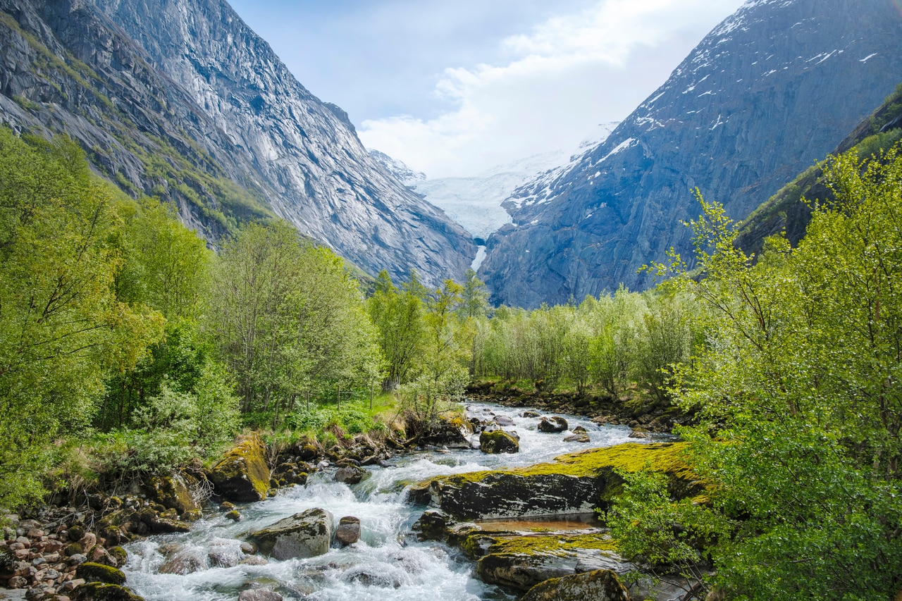 澄んだ水が音を立てて流れる川に豊かな森、遠く氷河が輝く山々。寄港地ツアーで出合えた絶景。