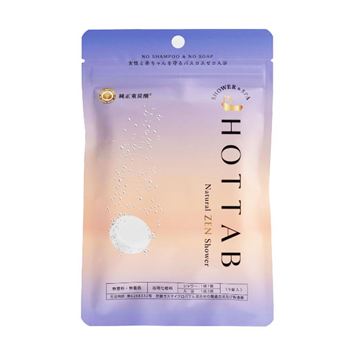 重炭酸イオンがお湯に溶け込み、血流を促し高い温浴効果を体幹できる。自然由来の重曹、クエン酸、ビタミンCが主成分で、加水分解コラーゲンとヒアルロン酸Naが配合されているバージョン。重曹とクエン酸の自然な洗浄力で、肌や髪の皮脂や汗の汚れを落とす。肌荒れ、匂い、乾燥などの悩みのある人に。HOT TAB Natural ZEN 9錠 1,100円／ホットタブ