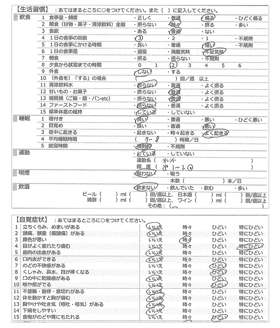 問診項目の抜粋です。書き込むだけでも反省ポイントが見えてきました。