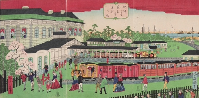昇斎一景《汐留より蒸気車通行の図》1872年 多色木版(三枚続) 36.8 × 73.5cm 横浜美術館蔵(齋藤龍氏寄贈)