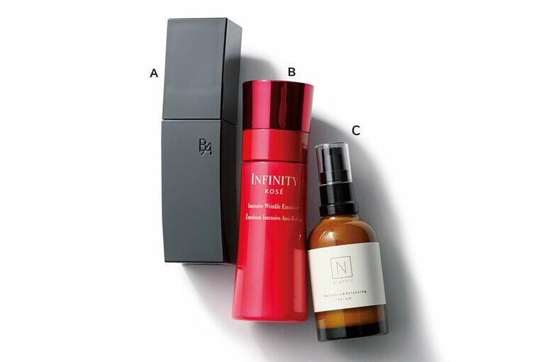 A：濃密なコク。B.A ミルク 80mL 20,000円／ポーラ  B：シワを改善するナイアシンアミド配合。インフィニティ インテンシブ リンクル エマルジョン［医薬部外品］120mL 7,000円(編集部調べ)／コーセー  C：外的刺激をブロック。N organic モイスチュア＆バランシング セラム 60mL 5,800円／シロク